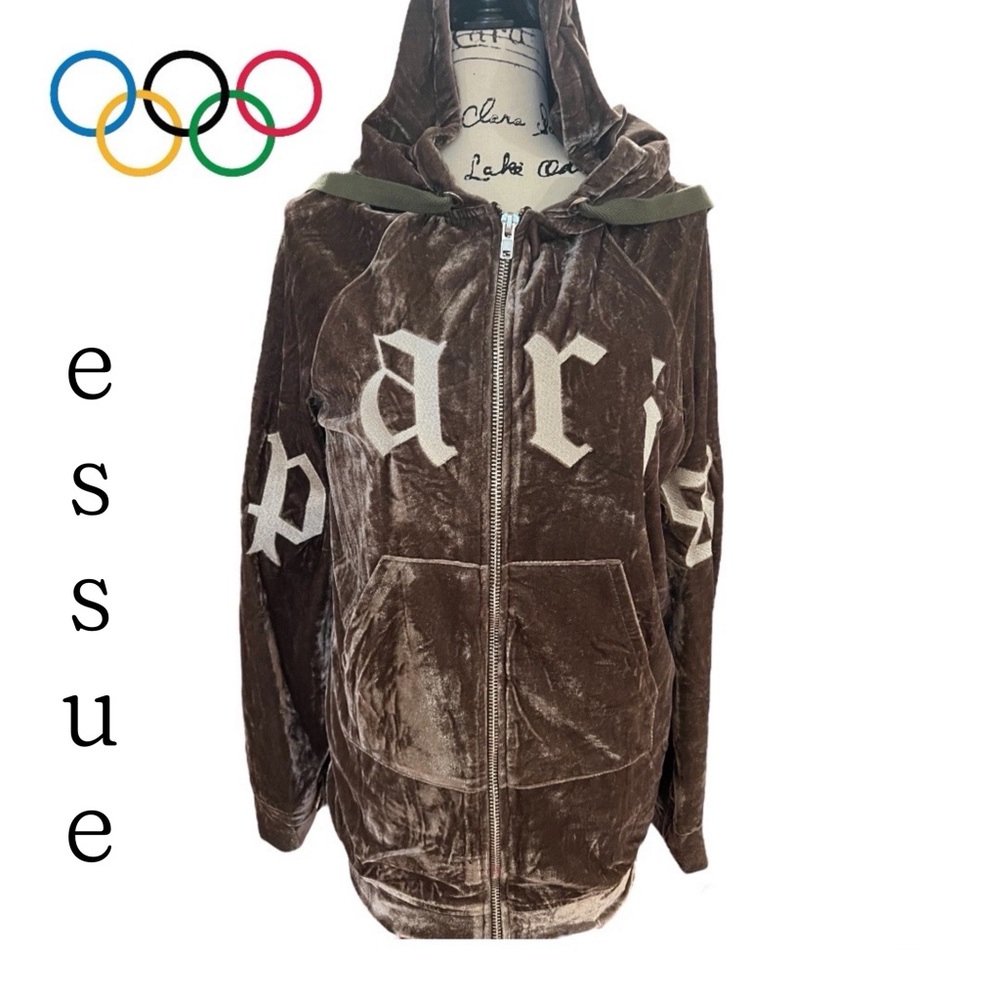 ESSUE Velour Paris Jacket Mocha Zip Up Oversized Hoodie Pockets SMALL